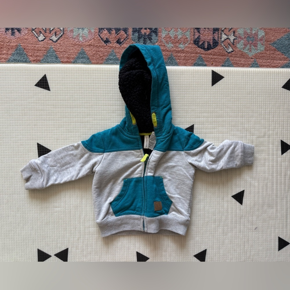 Toughskins|Baby boy Teal and Gray Kids Full Zip Hoodie sweater,Sherpa lined•18M